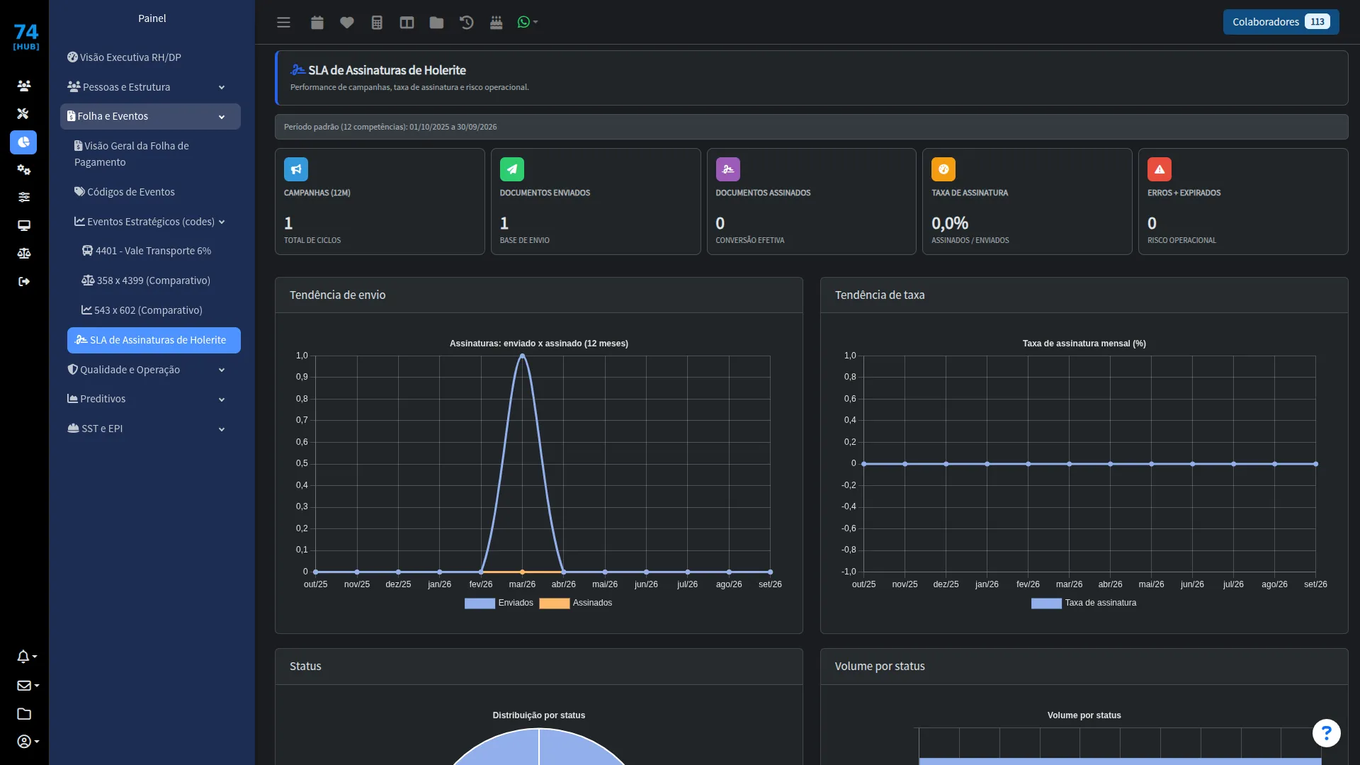 SLA de assinaturas no 74 Hub-RH Tela do sistema 74 Hub-RH: SLA de assinaturas