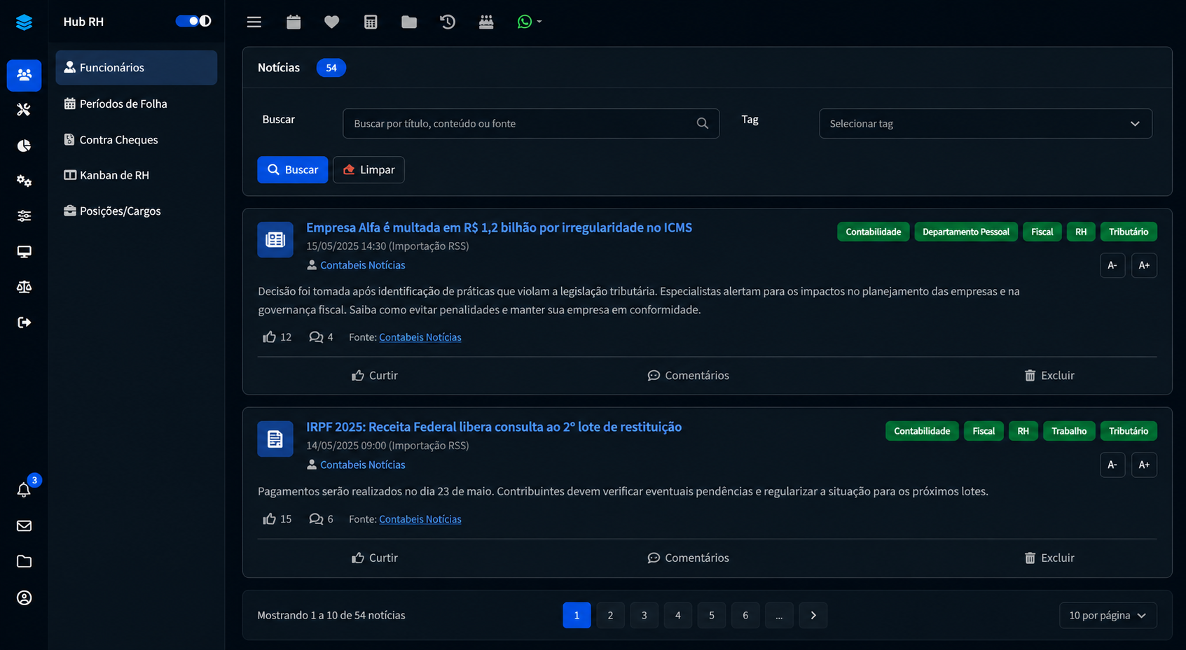 Datagrid da central de notícias diárias no sistema 74hub para comunicação de RH e DP com colaboradores em construtoras, supermercados, indústrias, logística, clínicas e terceirização