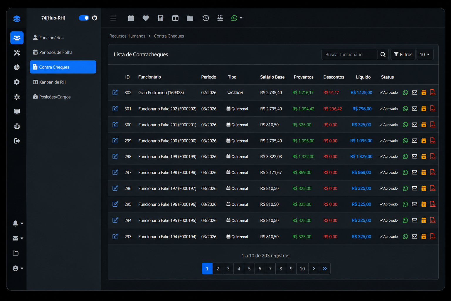 Datagrid de contracheques no software 74hub para RH e DP, com controle de holerites em construtoras, supermercados, indústrias, logística, clínicas e terceirização