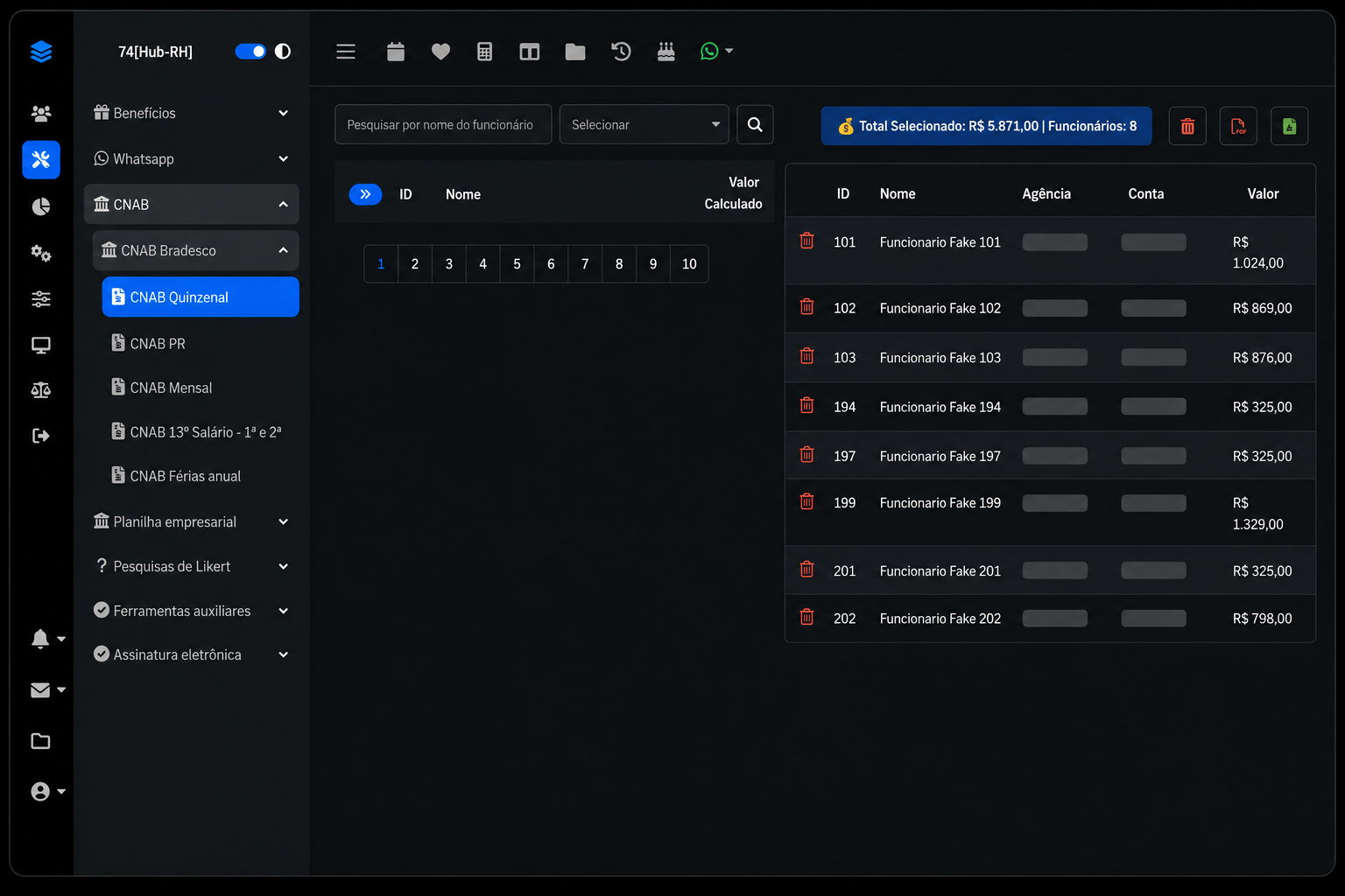 Formulário do software 74hub para gerar arquivo bancário da folha em RH e DP, com uso em construtoras, supermercados, indústrias, logística, clínicas e terceirização