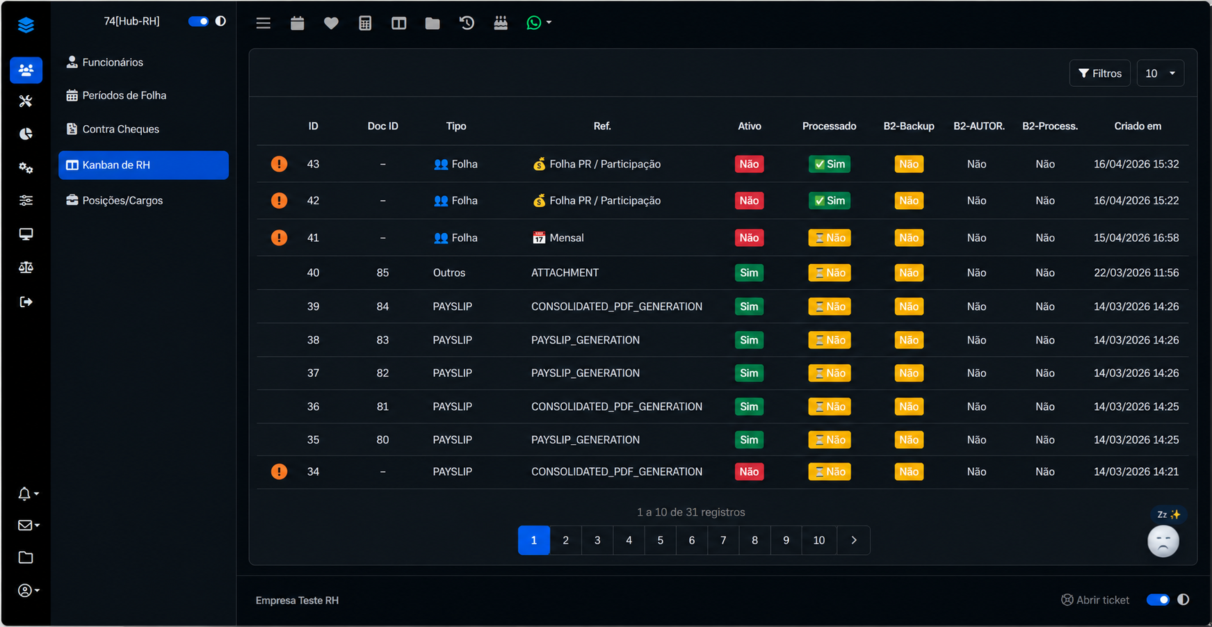 Datagrid de backup de arquivos no sistema 74hub para RH e DP com segurança operacional para construtoras, supermercados, indústrias, logística, clínicas e terceirização