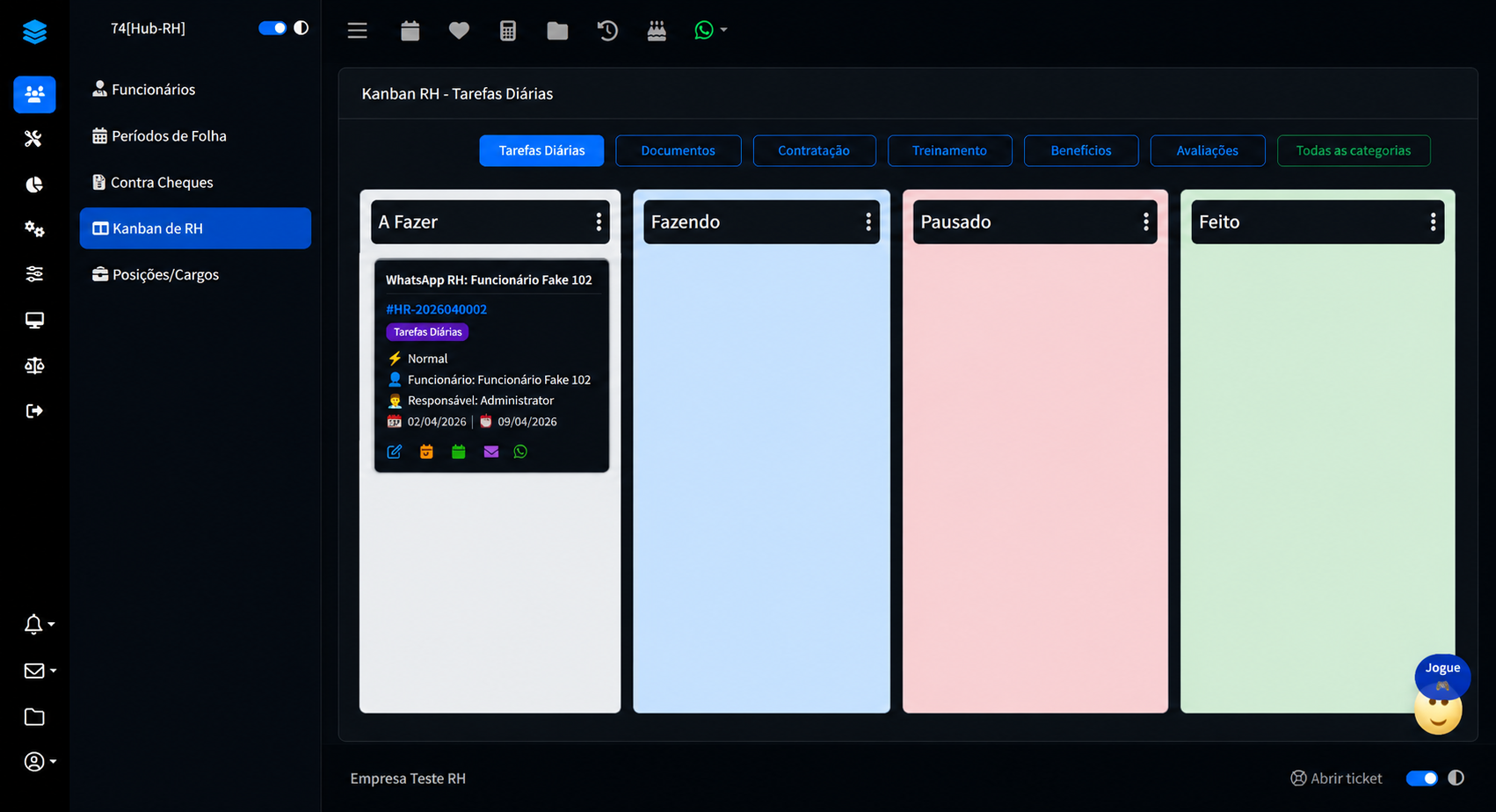 Tela de Kanban do sistema 74hub para RH e DP, com organização de solicitações em construtoras, supermercados, indústrias, logística, clínicas e terceirização