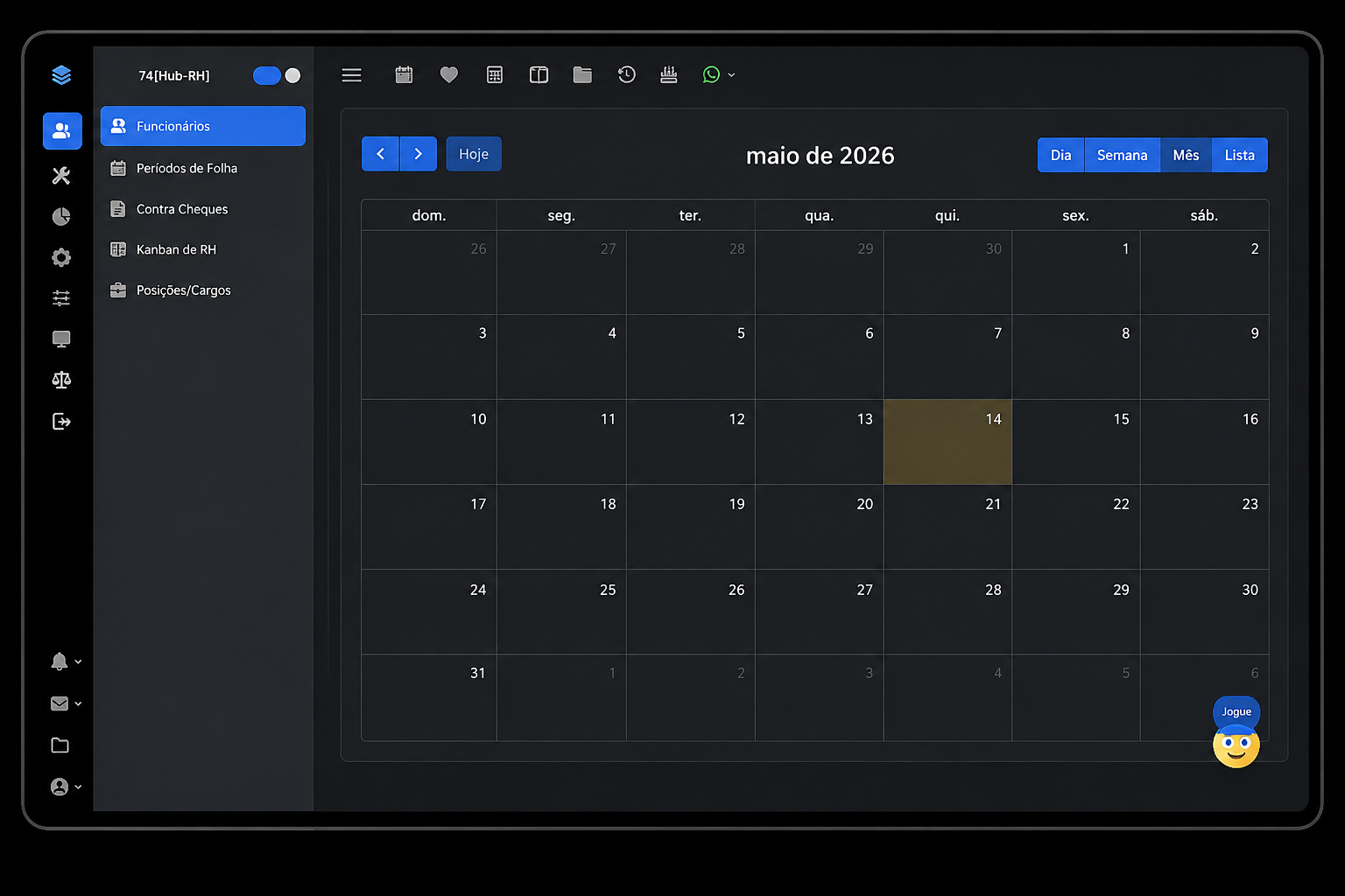 Tela do sistema 74hub para RH e DP com painel de calendário operacional, usada em construtoras, supermercados, indústrias, logística, clínicas e terceirização